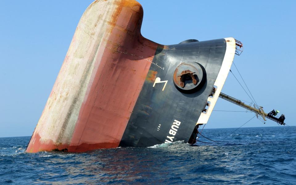 Rubymar cargo ship partly submerged off the coast of Yemen