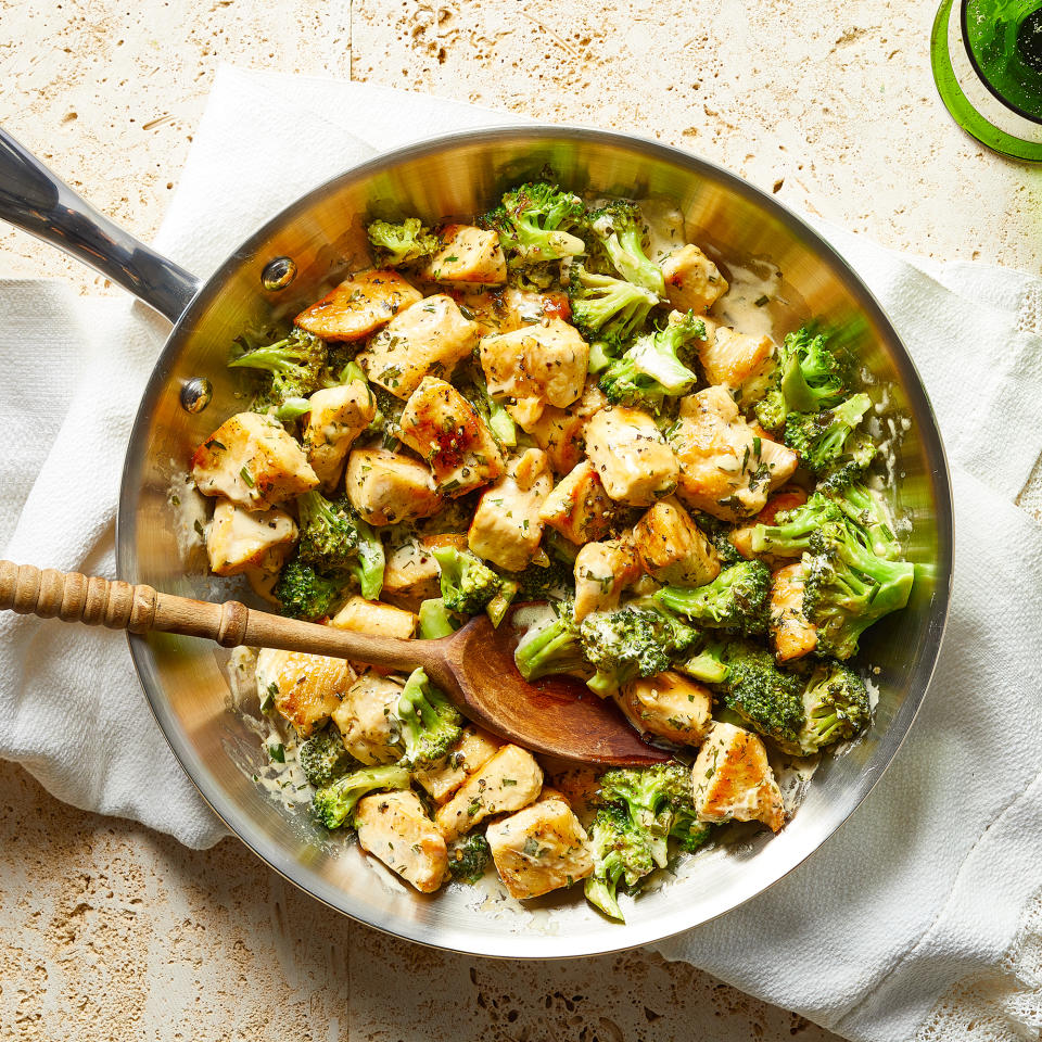 <p>This crowd-pleasing dinner feeds four and can be on the table in just 30 minutes. To top it off, the creamy ranch sauce, chicken and broccoli all come together in one skillet, making cleanup just as easy as cooking. <a href="https://www.eatingwell.com/recipe/7961867/creamy-skillet-ranch-chicken-broccoli/" rel="nofollow noopener" target="_blank" data-ylk="slk:View Recipe;elm:context_link;itc:0;sec:content-canvas" class="link ">View Recipe</a></p>