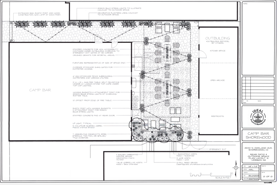 Hackbarth's layout plan for the rear patio and outdoor space gives a rough outline of how the area would look.