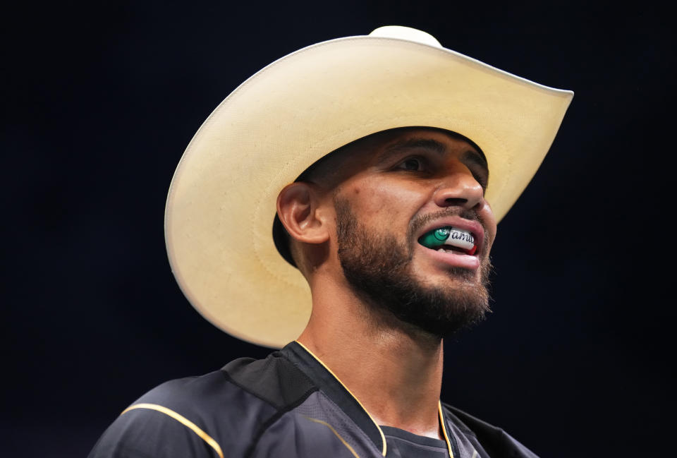 PERTH, AUSTRALIA - FEBRUARY 12: Yair Rodriguez of Mexico reacts after his submission victory over Josh Emmett in the UFC interim featherweight championship fight during the UFC 284 event at RAC Arena on February 12, 2023 in Perth, Australia. (Photo by Chris Unger/Zuffa LLC via Getty Images)