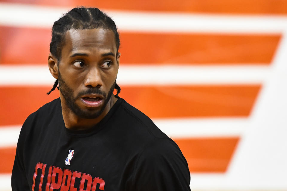 SALT LAKE CITY, UTAH - JUNE 10: Kawhi Leonard #2 of the LA Clippers looks on before Game Two of the Western Conference second-round playoff series against the Utah Jazz at Vivint Smart Home Arena on June 10, 2021 in Salt Lake City, Utah. NOTE TO USER: User expressly acknowledges and agrees that, by downloading and/or using this photograph, user is consenting to the terms and conditions of the Getty Images License Agreement. (Photo by Alex Goodlett/Getty Images)