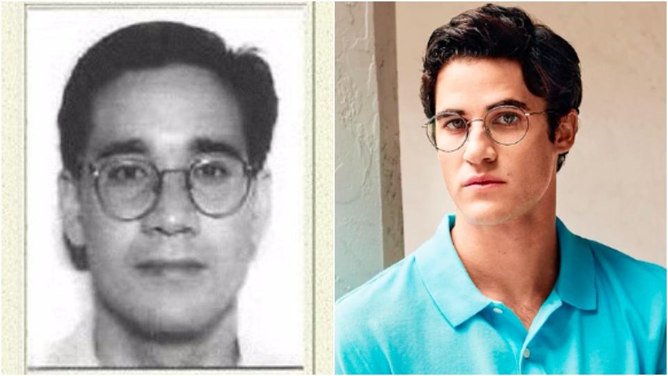 L: Andrew Cunanan appears on a wanted sign for the murder of Gianni Versace. R: Darren Criss as Cunanan. (Getty Images / Entertainment Weekly)