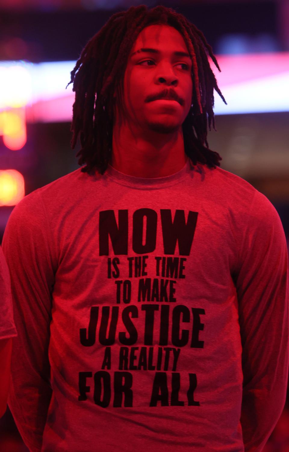 Memphis Grizzlies guard Ja Morant wears a shirt honoring Martin Luther King Jr. before their game against the Chicago Bulls at FedExForum on the national holiday named for the iconic civil rights leader on Monday, Jan. 17, 2022.