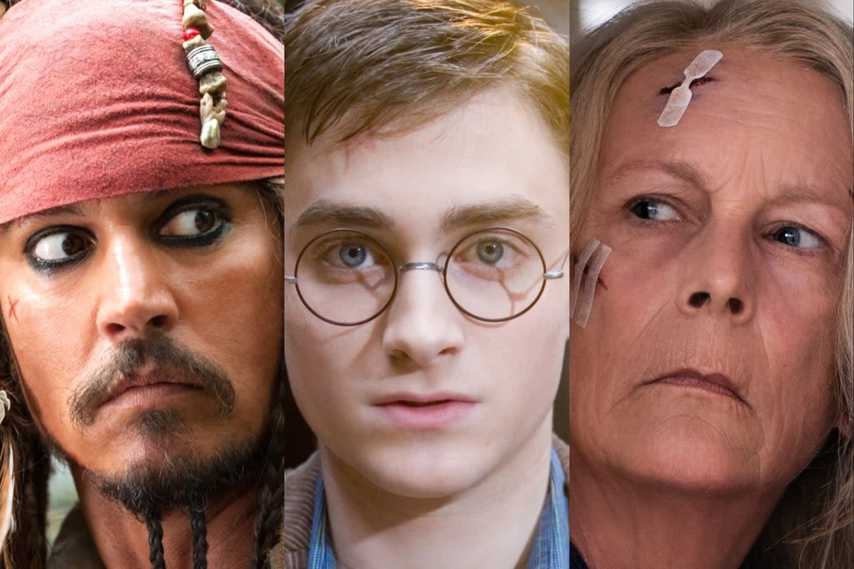 Johnny Depp in ‘Pirates of the Caribbean’, Daniel Radcliffe in ‘Harry Potter’ and Jamie Lee Curtis in ‘Halloween Ends'  (Disney/Warner Bros/Universal)
