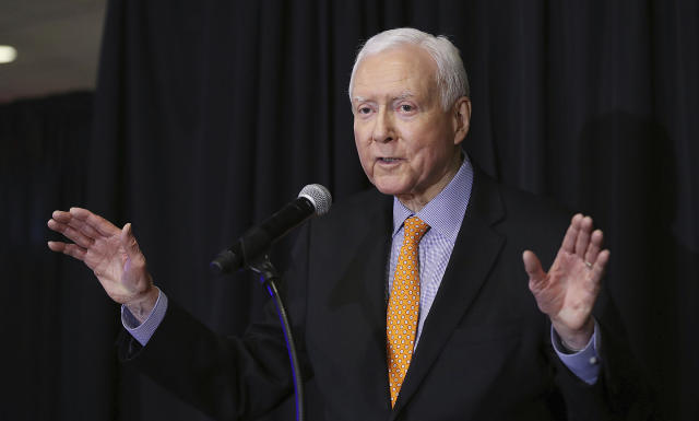 FILE - U.S. Sen. Orrin Hatch, R-Utah, speaks during the UTGOP election night party in Salt Lake City on Nov. 6, 2018. A longtime senator known for working across party lines, Hatch died Saturday, April 23, 2022, at age 88. (Ravell Call/The Deseret News via AP, File)