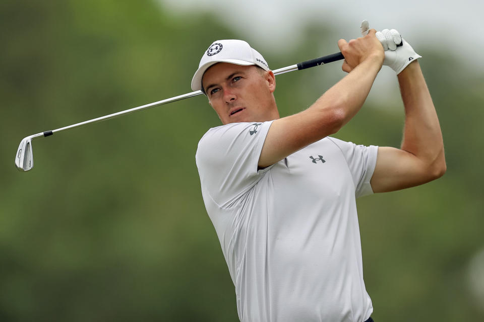 FILE - Jordan Spieth tees off on the second hole during the third round of the Valspar Championship golf tournament Saturday, March 18, 2023, at Innisbrook in Palm Harbor, Fla. (AP Photo/Mike Carlson, File)