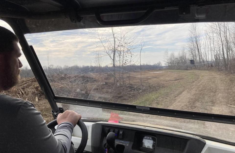 Matt Butler, of Water and Land Solutions, drives through part of 5,000 acres in eastern Richland County that will be restored with hardwood trees under a plan to make it a state nature preserve. The restoration is compensation for environmental impacts by the Scout electric vehicle project in northern Richland County. (Feb. 22, 2024)