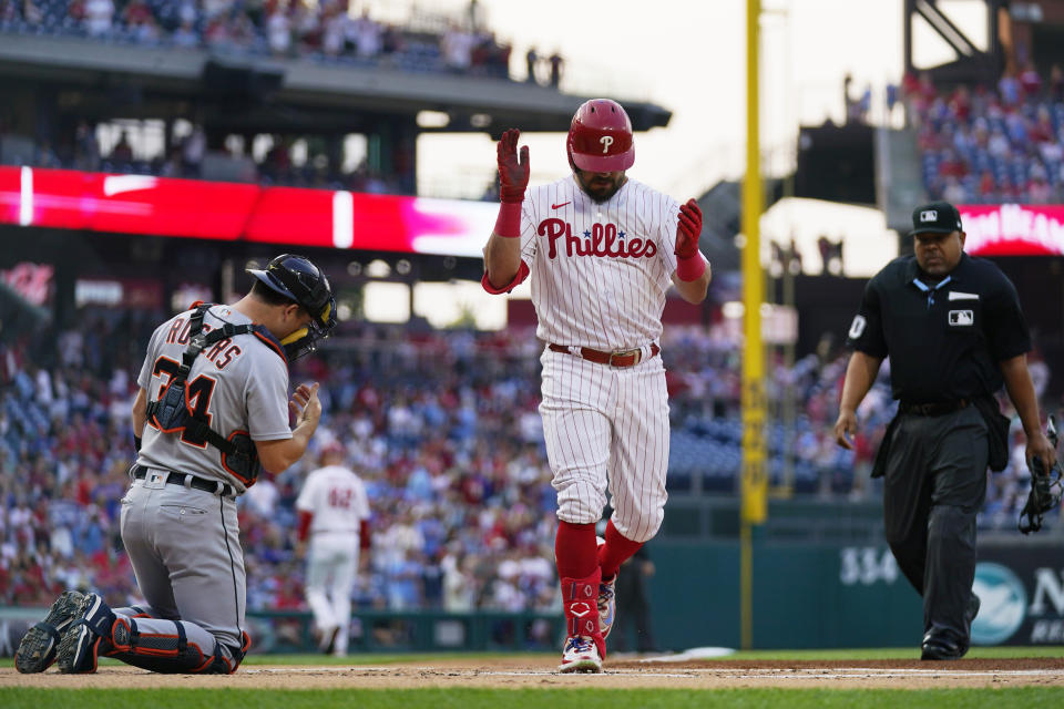 Philadelphia Phillies' Kyle Schwarber celebrates after hitting a home run against Detroit Tigers pitcher Tyler Alexander during the first inning of a baseball game, Tuesday, June 6, 2023, in Philadelphia. (AP Photo/Matt Slocum)