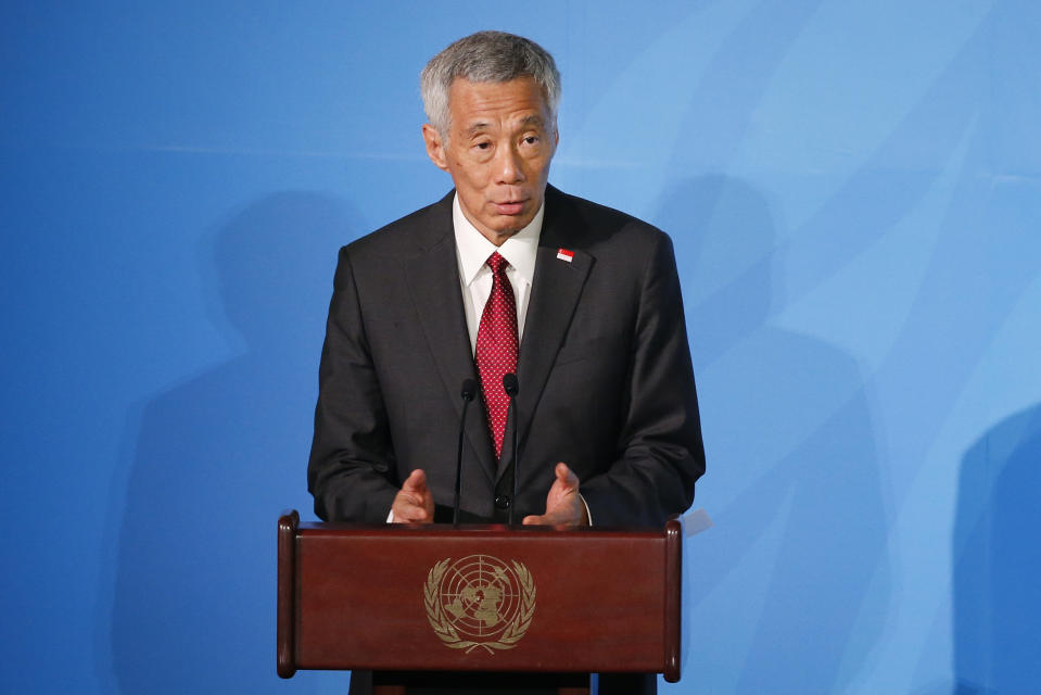 Singapore's Prime Minister Lee Hsien Loong addresses the Climate Action Summit in the United Nations General Assembly, at U.N. headquarters, Monday, Sept. 23, 2019. (AP Photo/Jason DeCrow)