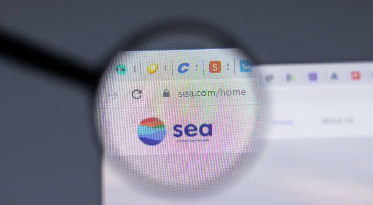 The logo for Sea Limited is seen on a web browser through a magnifying glass.