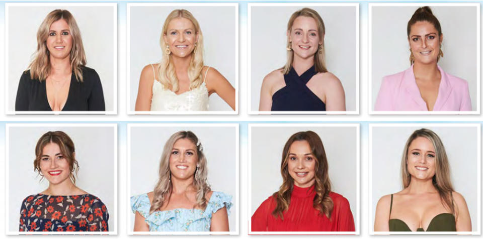 Farmer Andrew's ladies are (top row L-R): Melissa, 30, Rachael, 30, Tara, 26, Natalie, 27, and (bottom row L-R): Jess, 27, Ash, 28, Caity, 26, Lucy, 30. Photo: Channel 7 (supplied).