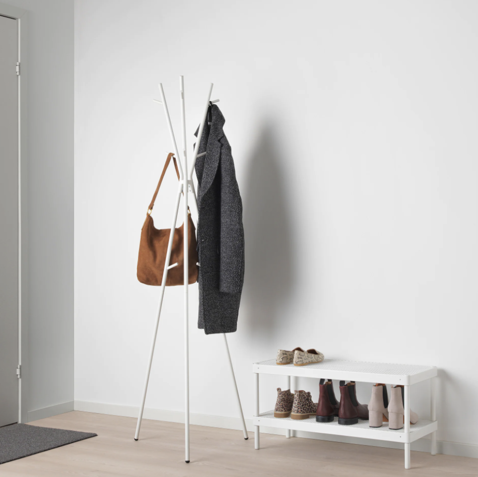 <p>You may already have a front-hall coat closet, but don't rule out a coat rack for the outwear you don the most. Or forgo a console and use one to hang your bags instead.</p><p><a class="link " href="https://go.redirectingat.com?id=74968X1596630&url=https%3A%2F%2Fwww.ikea.com%2Fus%2Fen%2Fp%2Fekrar-hat-and-coat-stand-white-10415594%2F&sref=https%3A%2F%2Fwww.countryliving.com%2Fhome-maintenance%2Fg37186772%2Fentryway-ikea-hacks%2F" rel="nofollow noopener" target="_blank" data-ylk="slk:BUY NOW;elm:context_link;itc:0;sec:content-canvas">BUY NOW</a> <strong><em>Coat Rack, $20</em></strong></p>