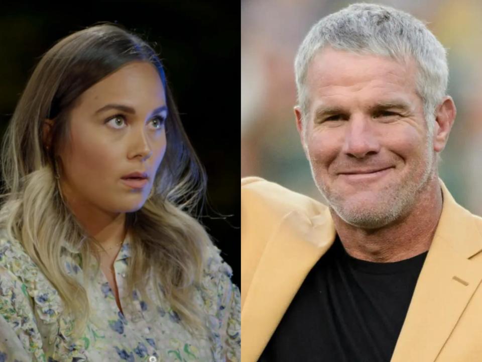 left; brittany favre, a young woman with a somewhat fearful expression; right; brett favre, in a yellow blazer and smiling