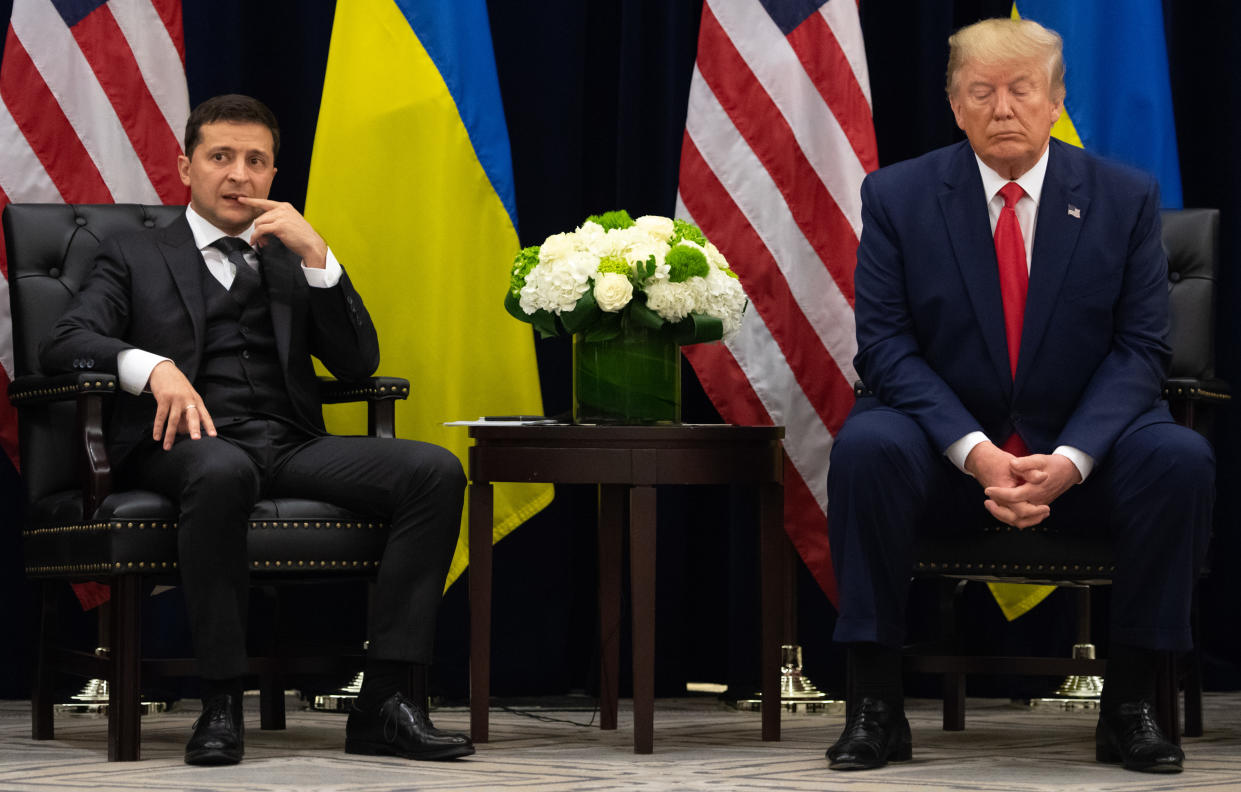 US President Donald Trump and Ukrainian President Volodymyr Zelensky looks on during a meeting in New York on September 25, 2019, on the sidelines of the United Nations General Assembly. (Photo by SAUL LOEB / AFP)        (Photo credit should read SAUL LOEB/AFP via Getty Images)
