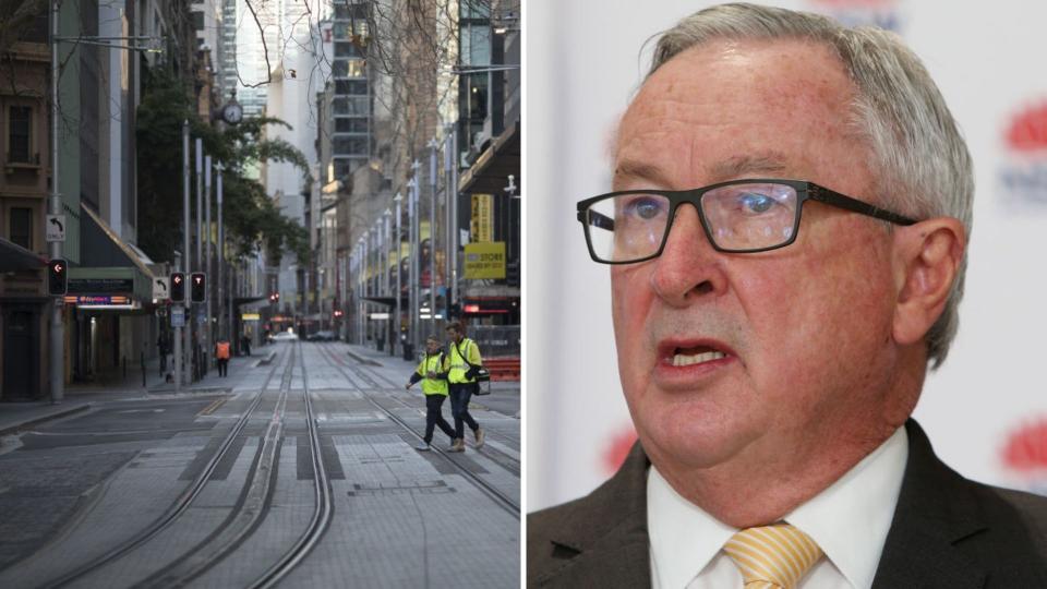 Empty George Street in Sydney, NSW Health Minister Brad Hazzard speaks at press conference. 