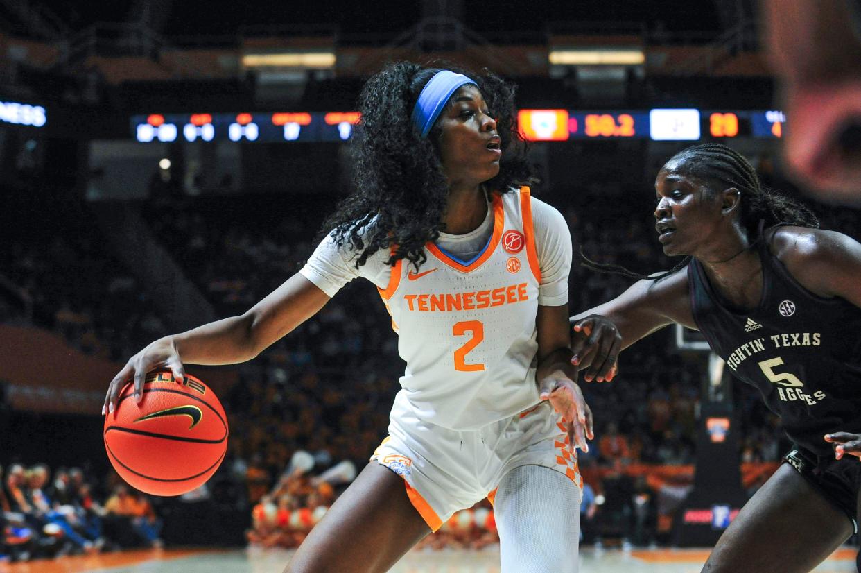 Tennessee forward Rickea Jackson (2) keeps the ball away from Texas A&M guard Aicha Coulibaly (5) during a NCAA game at Thompson-Boling Arena at Food City Center in Knoxville, Thursday, Feb. 29, 2024. The Lady Vols won 75-66 against Texas A&M.