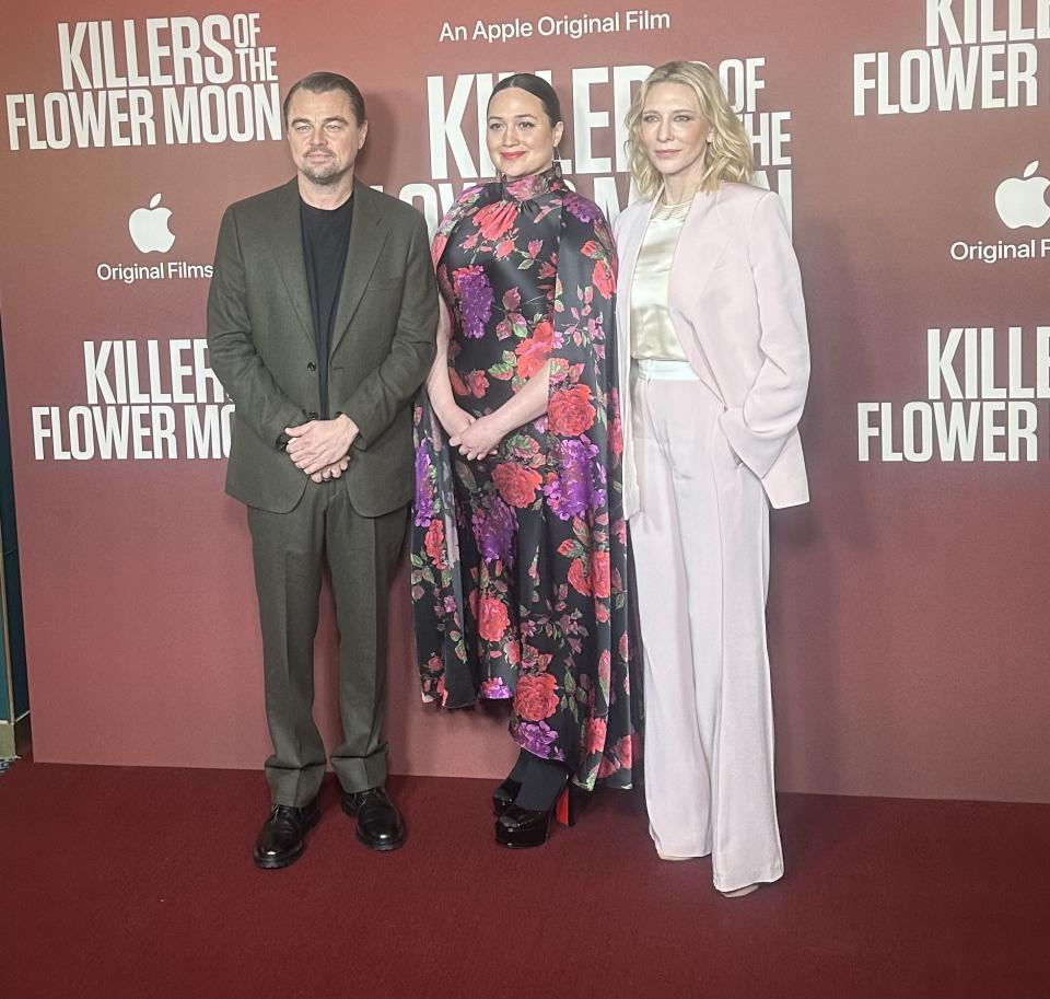 Leonardo DiCaprio, Lily Gladstone with Cate Blanchett in London. Photo: Baz Bamigboye/Deadline