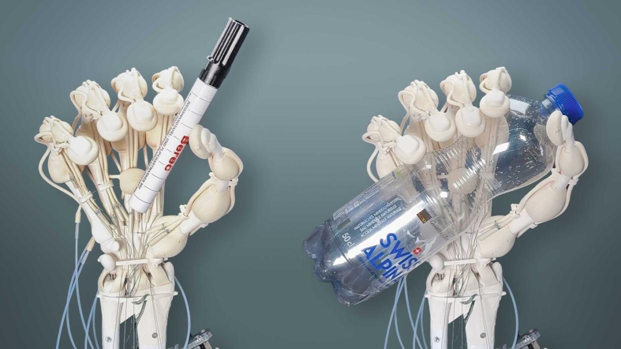  An image montage of the soft robotic hand holding a marker pen and a water bottle. 