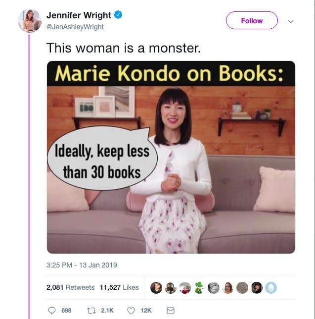 A screenshot of a now-deleted tweet from writer&nbsp;Jennifer Wright. She later issued an apology: "I definitely didn't think well enough about my word choice regarding Marie Kondo, and had an over hasty reaction to seeing a meme about her encouraging people to get rid of their books. I'm sorry about that, and I'll try to do better." (Photo: Twitter)