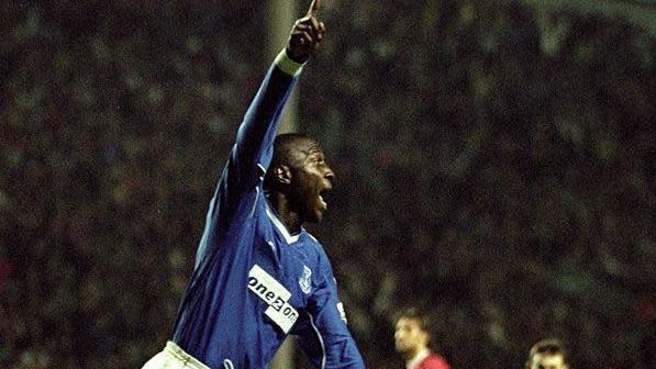 Kevin Campbell celebrates Everton's winning goal at Anfield in September 1999