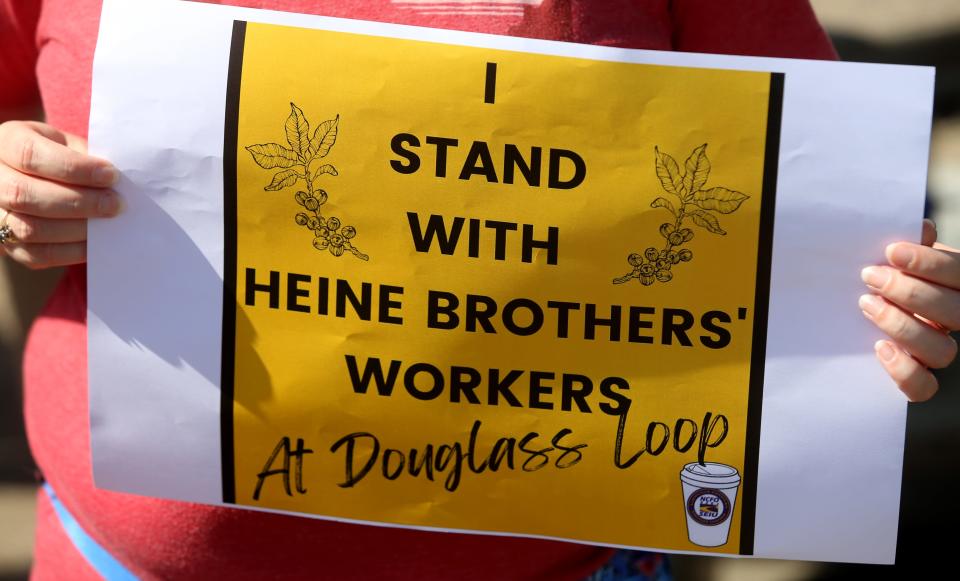 Workers from the Heine Brother’s Coffee protested after it closed permanently yesterday at their Douglas Loop location. July 1, 2022