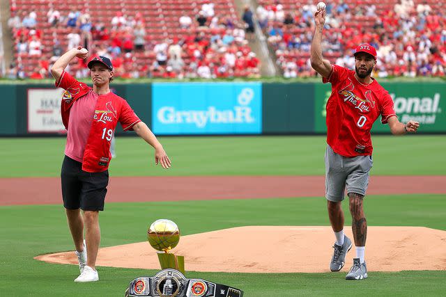 <p>Dilip Vishwanat/Getty</p> Matthew Tkachuk and Jayson Tatum at Busch Stadium in St Louis on Aug. 18, 2024