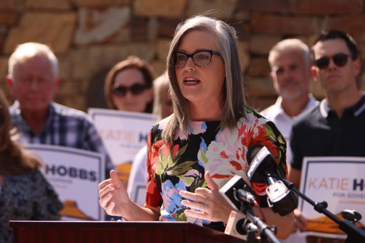 Governor candidate Katie Hobbs (D) speaking at a news conference at Barry Goldwater Park on Oct. 9, 2022.