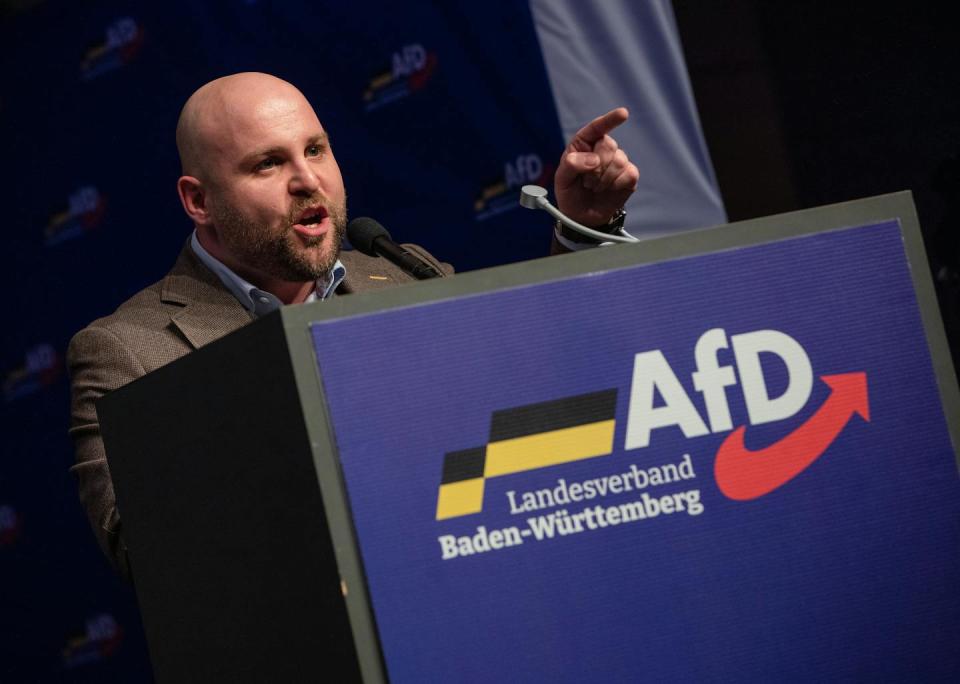 Markus Frohmaier, a leader of the AfD political group in Germany, speaks to party members at a conference on Feb. 24, 2024. <a href="https://www.gettyimages.com/detail/news-photo/february-2024-baden-württemberg-rottweil-markus-frohnmaier-news-photo/2028779666?adppopup=true" rel="nofollow noopener" target="_blank" data-ylk="slk:Christoph Schmidt/picture alliance via Getty Images;elm:context_link;itc:0;sec:content-canvas" class="link ">Christoph Schmidt/picture alliance via Getty Images</a>