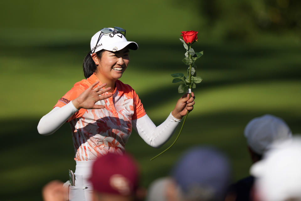 Rose Zhang celebrates after winning the Augusta National Women's Amateur golf tournament in a playoff against Jenny Bae, Saturday, April 1, 2023, in Augusta, Ga. (AP Photo/Matt Slocum)