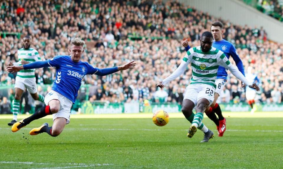 Odsonne Édouard scores for Celtic against Rangers in March 2019.