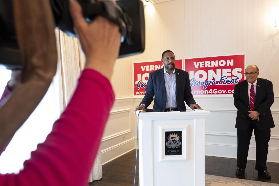 Vernon Jones speaks after Rudy Giuliani endorsed him for GOP candidate for Governor of Georgia during a press conference Wednesday, June 30, 2021 in Atlanta, Ga. (AP Photo/Ben Gray)