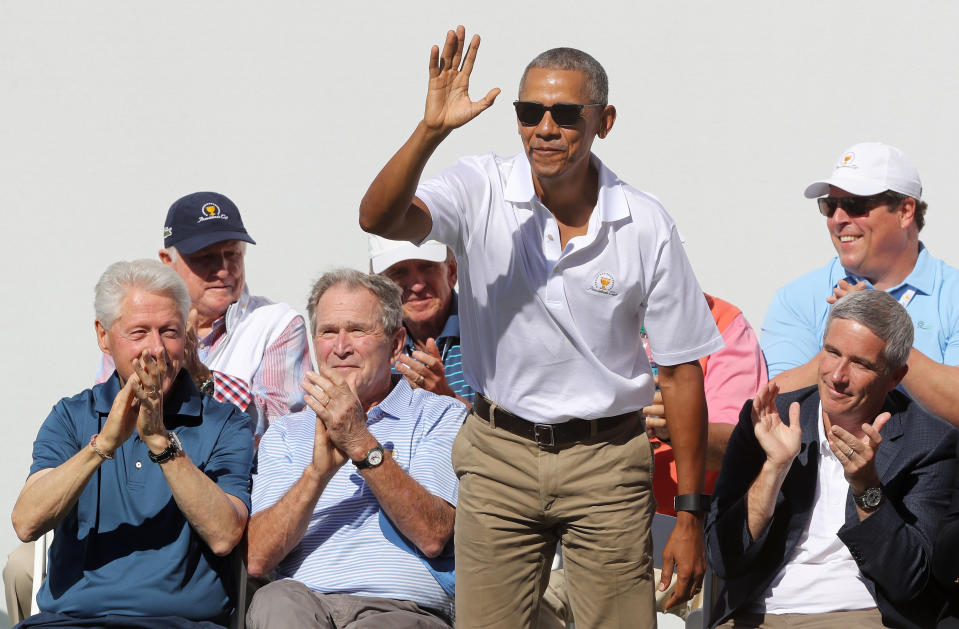 <p>during Thursday foursomes matches of the Presidents Cup at Liberty National Golf Club on September 28, 2017 in Jersey City, New Jersey. </p>