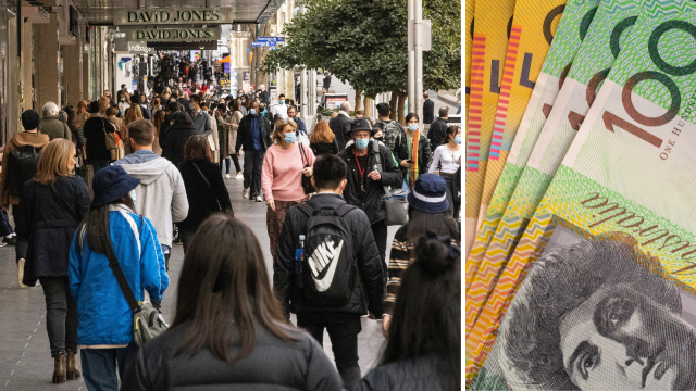 Young people walking through city in Australia. Australian money notes.