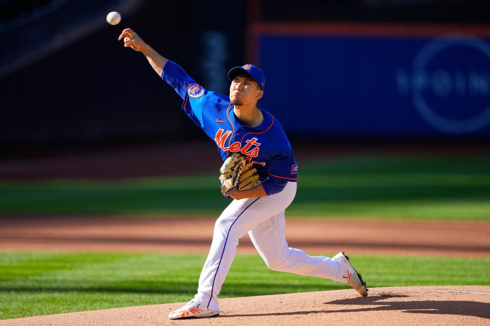 Sep 14, 2023; New York City, New York, USA; New York Mets pitcher Kodai Senga (34) delivers a pitch against the Arizona Diamondbacks during the first inning at Citi Field. Mandatory Credit: Gregory Fisher-USA TODAY Sports