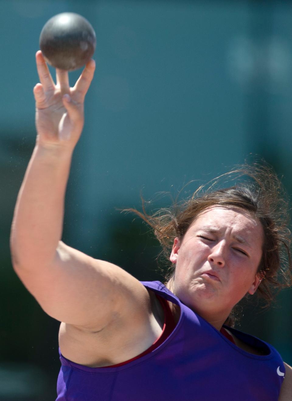 Sterling City's Payton Conner competes in the Class 1A shot put during the UIL State Track and Field meet, Saturday, May 14, 2022, at Mike A. Myers Stadium in Austin.