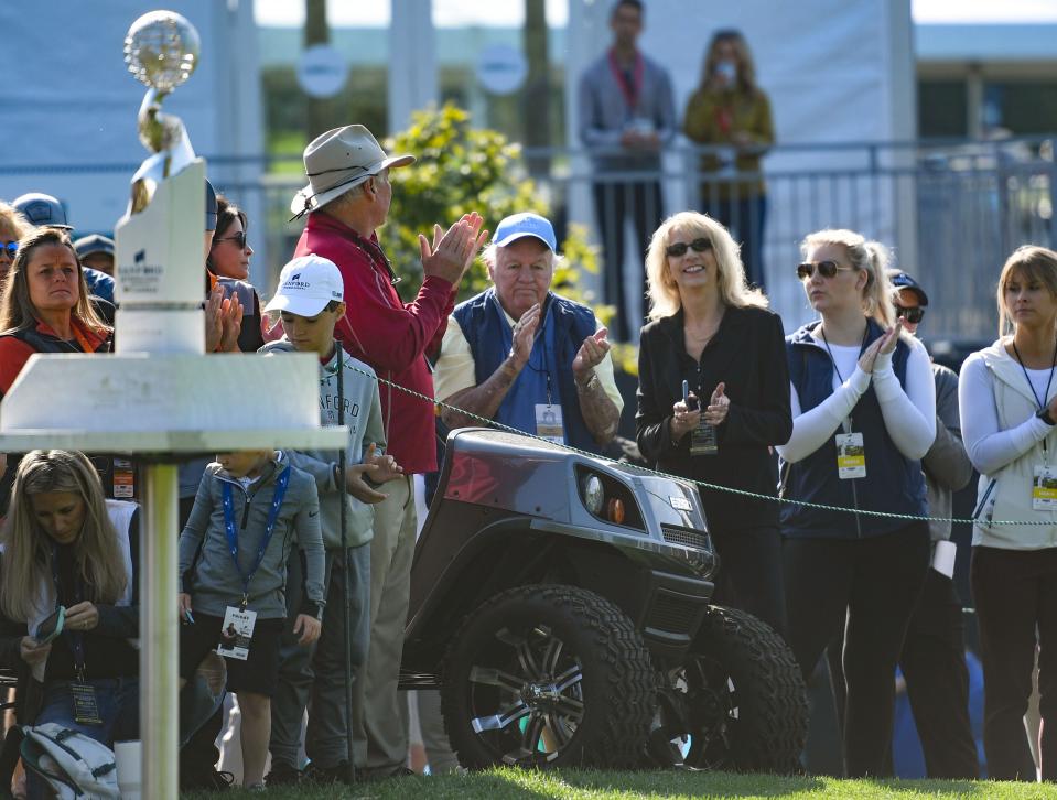 T. Denny Sanford, center, sits on a golf cart during the opening ceremonies of the Sanford International golf tournament on Friday, September 17, 2021, at the Minnehaha Country Club in Sioux Falls.