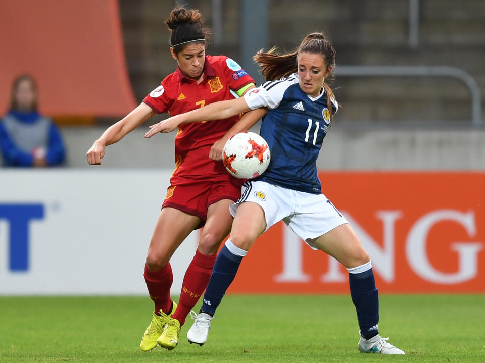 Scotland's Lisa Evans vies with Spain's Marta Corredera during the UEFA Women's Euro 2017 football match between Scotland and Spain.