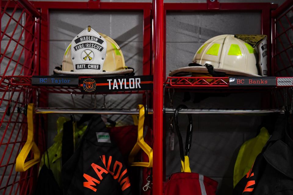 Firefighters' gear is seen in the storage room at the new fire station headquarters on Friday, April 19. 2024.