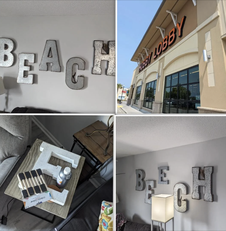 Four images show crafting supplies from Hobby Lobby and the word "BEACH" spelled out with silver decorative letters in a home setting