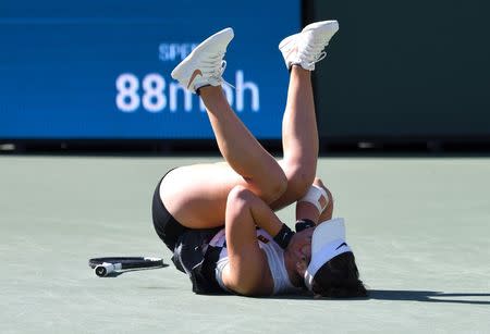 Mar 17, 2019; Indian Wells, CA, USA; Bianca Andreescu (CAN) reacts at match point as she defeats Angelique Kerber (not pictured) in the final match of the BNP Paribas Open at the Indian Wells Tennis Garden. Mandatory Credit: Jayne Kamin-Oncea-USA TODAY Sports