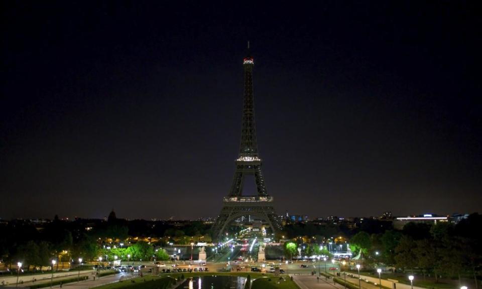 The Eiffel Tower with its lights turned off.