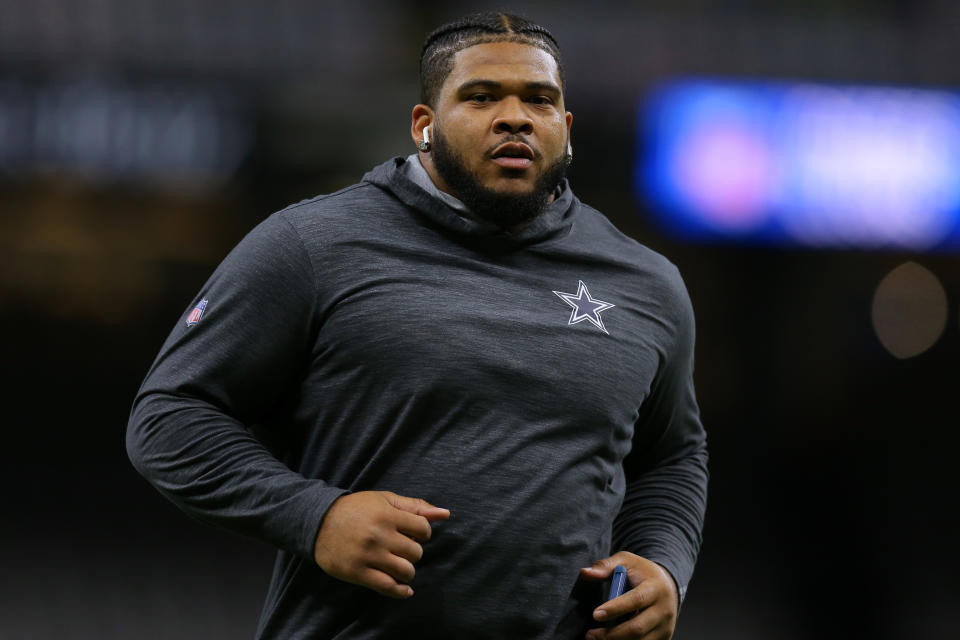 NEW ORLEANS, LOUISIANA - SEPTEMBER 29: La'el Collins #71 of the Dallas Cowboys reacts during a game against the New Orleans Saints at the Mercedes Benz Superdome on September 29, 2019 in New Orleans, Louisiana. (Photo by Jonathan Bachman/Getty Images)