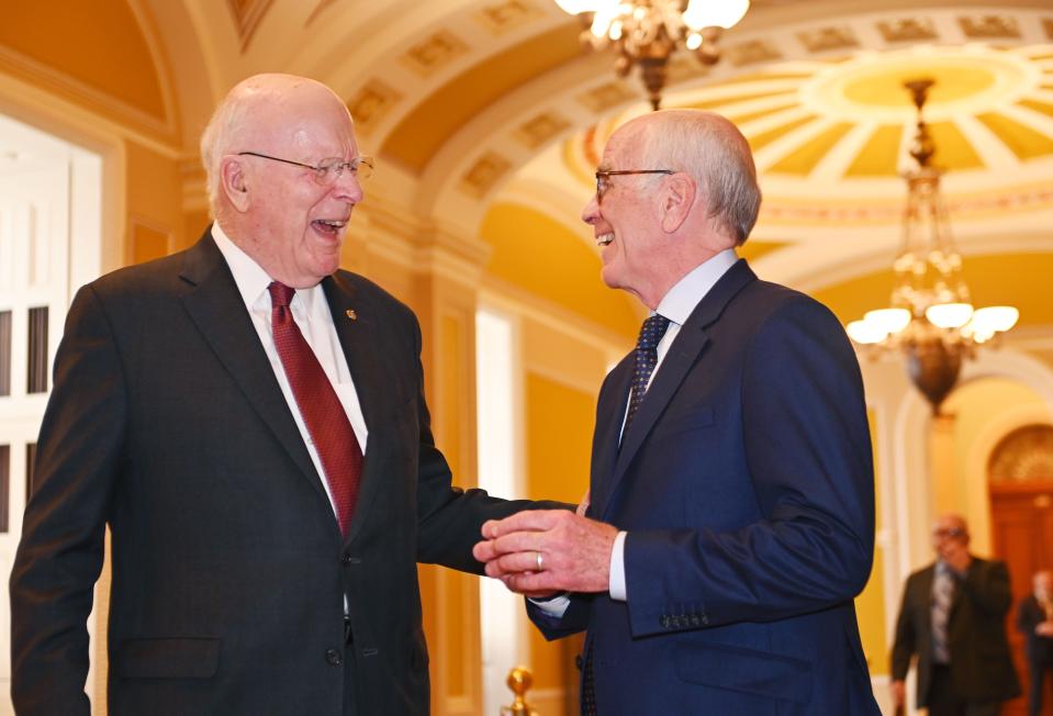 U.S. Senator Patrick Leahy, left, and U.S. Senator-Elect Peter Welch share a moment outside the Senate Chamber before Welch’s swearing in ceremony for the 118th Congress at the Capitol in Washington, D.C. on Tuesday, January 3, 2023.