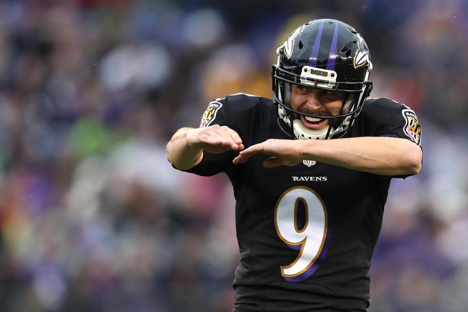 <p>Kicker Justin Tucker #9 of the Baltimore Ravens celebrates after kicking a second quarter field goal against the Philadelphia Eagles at M&T Bank Stadium on December 18, 2016 in Baltimore, Maryland. (Photo by Patrick Smith/Getty Images) </p>