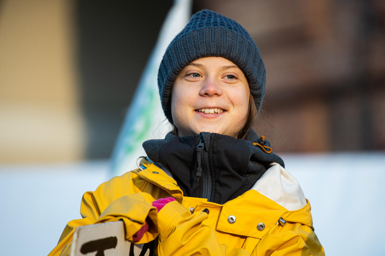 Swedish activist Greta Thunberg speaks in Piazza Castello during the Friday for future in Turin, Italy on December 13, 2019. Photo: Pacific Press/SIPA USA/PA Images