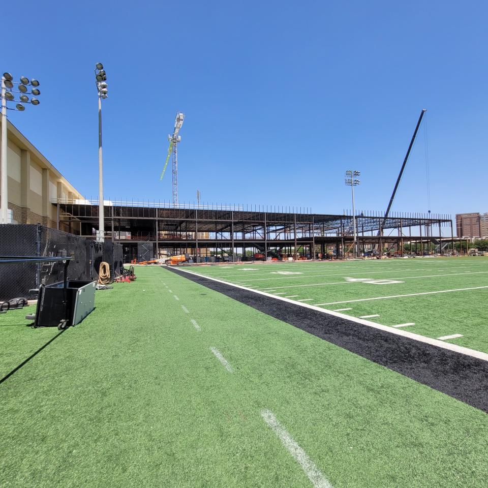 Construction on the Dustin R. Womble Football Center is shown on Friday, May 2, 2022. The structure will be the daily headquarters for the Texas Tech football team.