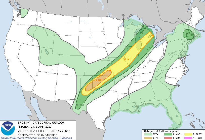 Far southeast Wisconsin, including the Milwaukee metro area, is in the marginal -- 1 out of a scale of 5 -- risk for severe storms on Tuesday afternoon into the evening. Cloud cover is likely to limit the severe storm potential.