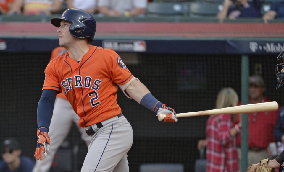 Houston Astros’ Alex Bregman watches his RBI-single in the ninth inning during Game 3 of a baseball American League Division Series against the Cleveland Indians, Monday, Oct. 8, 2018, in Cleveland. (AP)