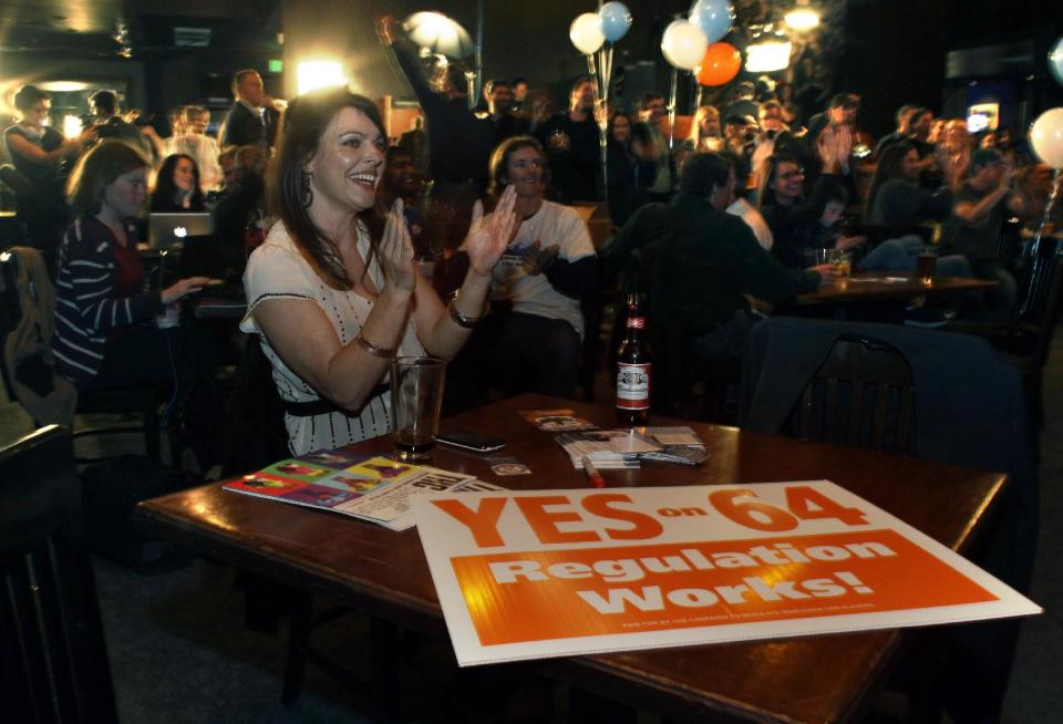 Amanda Jetter celebrates along with others attending an Amendment 64 watch party in a bar after a local television station announced the marijuana amendment's passage, in Denver, Colo., Tuesday, Nov. 6, 2012. The amendment would make it legal in Colorado for individuals to possess and for businesses to sell marijuana for recreational use. (AP Photo/Brennan Linsley)