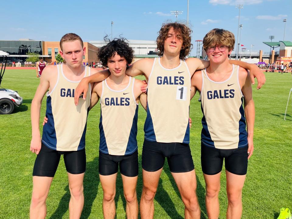 The Lancaster boys' 3,200 relay team consisting of, from left to right, Wes Taylor, Trevor Lanoy, Colton Thress and Zane Schorr, earned All-Ohio honors by placing fifth during Friday's Division I state track and field championships at Ohio State's Jesse Owens Memorial Stadium on June 2, 2023.